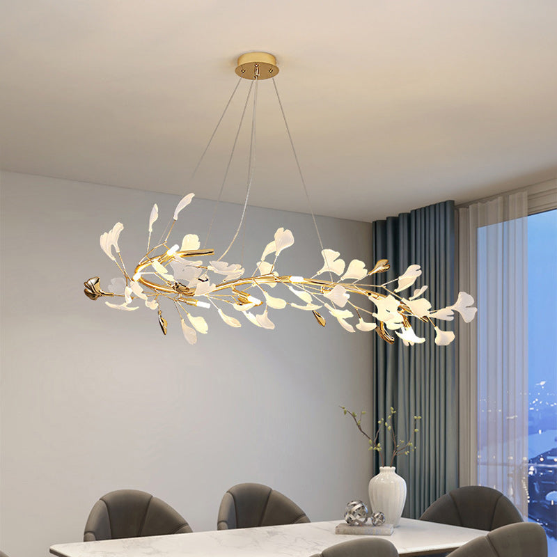 Contemporary Scandinavian Tree Branch Ginkgo Leaf Iron Plastic Porcelain 8-Light Chandelier For Living Room