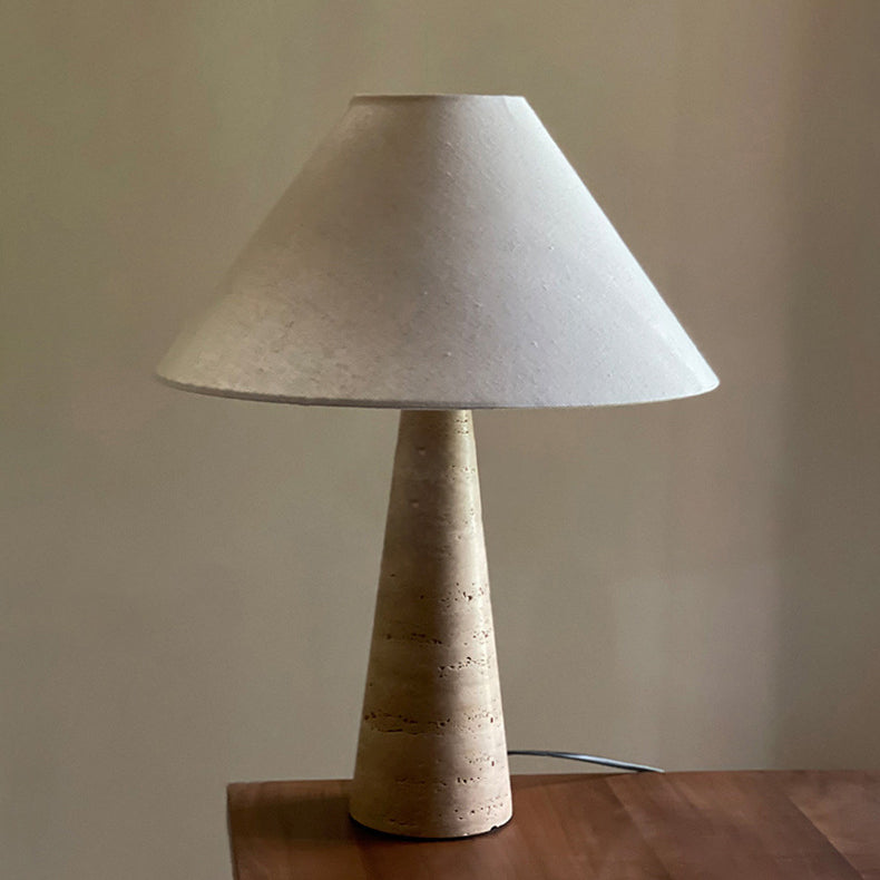 Traditional Japanese Fabric Conical Shade Yellow Travertine Base 1-Light Table Lamp For Study