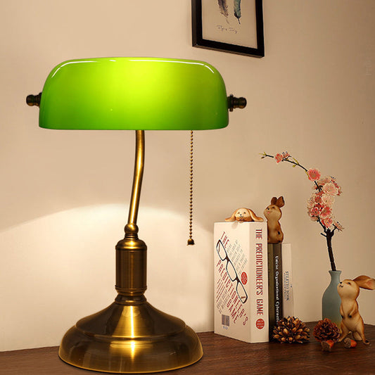 Traditional Vintage Glass Metal Pull Cord Switch 1-Light Bank Table Lamp For Bedroom