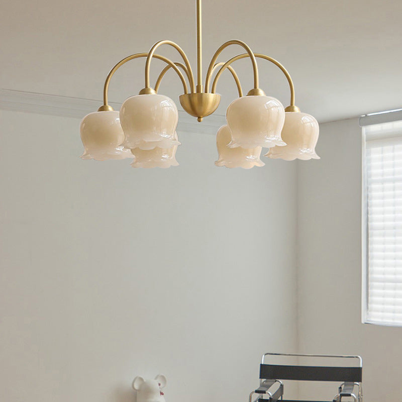 Traditional French Cream Floral Copper Glass 5/6/8 Light Chandelier For Living Room