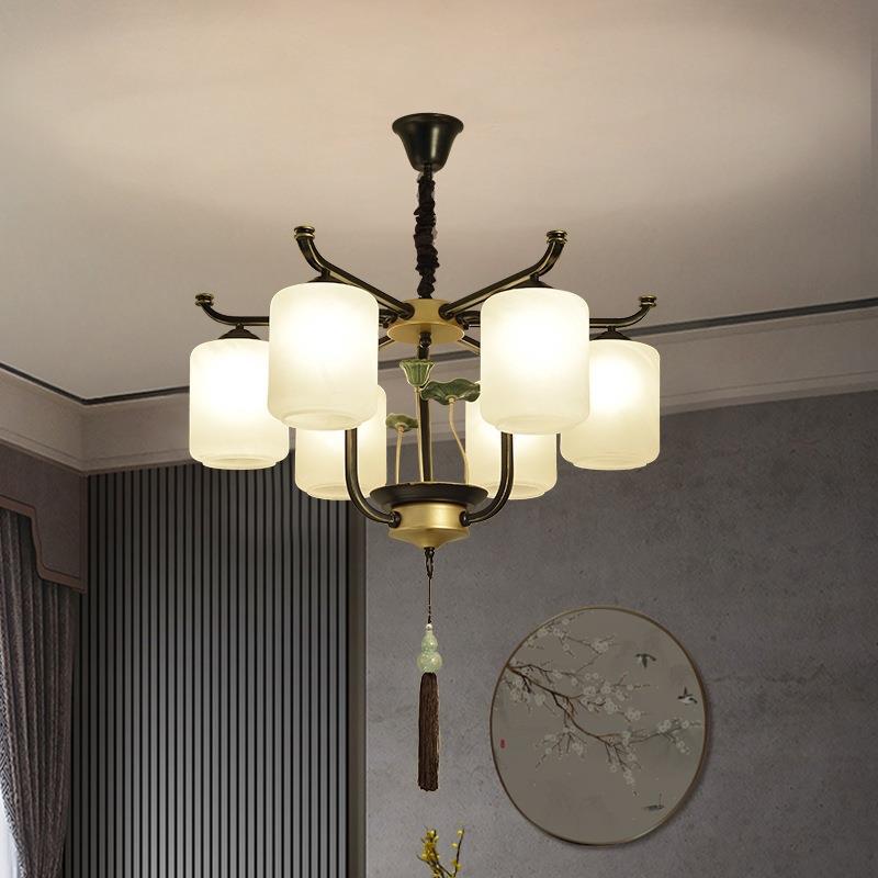 Traditional Chinese Iron Frame Cylinder Glass Shade 6/8/10/12-Light Chandelier For Living Room