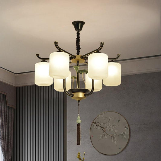 Traditional Chinese Iron Frame Cylinder Glass Shade 6/8/10/12-Light Chandelier For Living Room