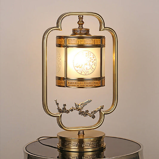 Chinese Glass Full Copper Carved 1-Light Table Lamp