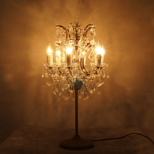 Vintage French Crystal Candelabra Rust 6-Light Table Lamp