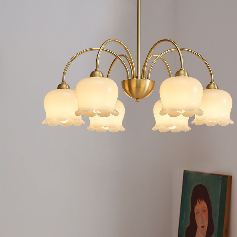 Traditional French Cream Floral Copper Glass 5/6/8 Light Chandelier For Living Room