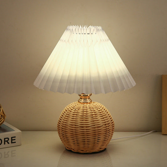 Contemporary Nordic Rattan Fabric Pleated Conic Ball LED Table Lamp For Bedroom