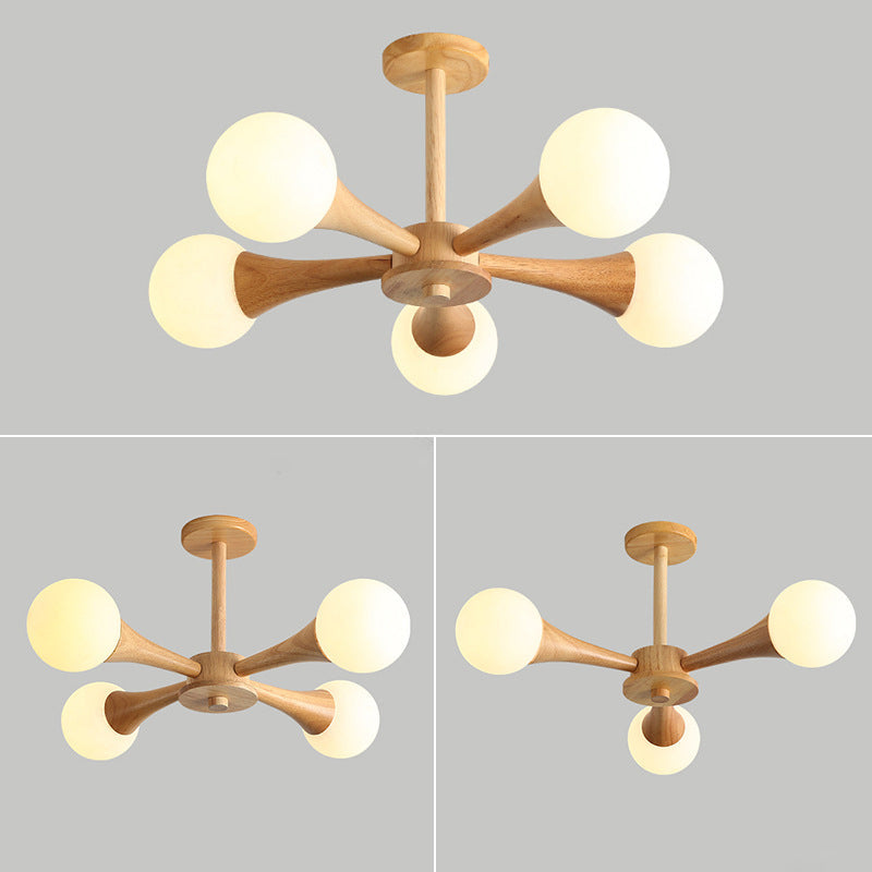 Traditional Japanese Wood Frame Glass Magic Bean 3/4/5-Light Chandelier For Living Room