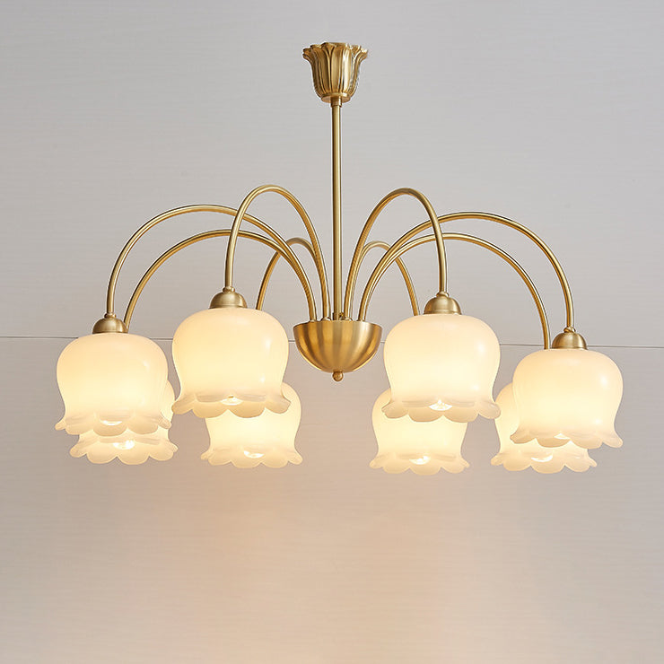 Traditional French Cream Floral Copper Glass 5/6/8 Light Chandelier For Living Room