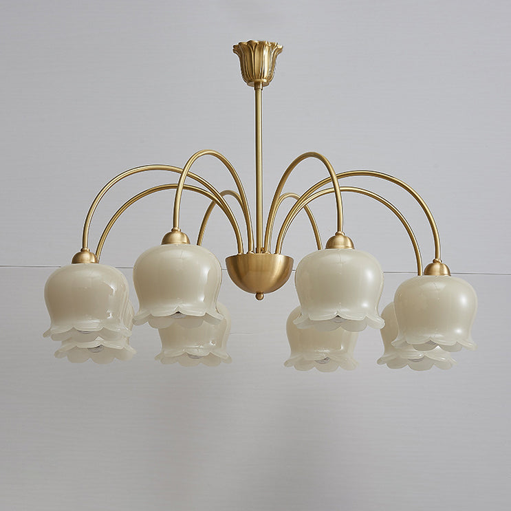 Traditional French Cream Floral Copper Glass 5/6/8 Light Chandelier For Living Room