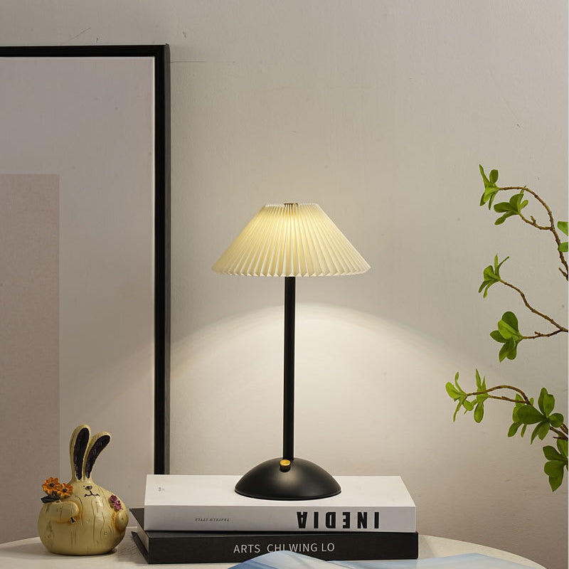 Contemporary Scandinavian Rechargeable Iron Fabric Conic Pleated 1-Light Table Lamp For Bedside