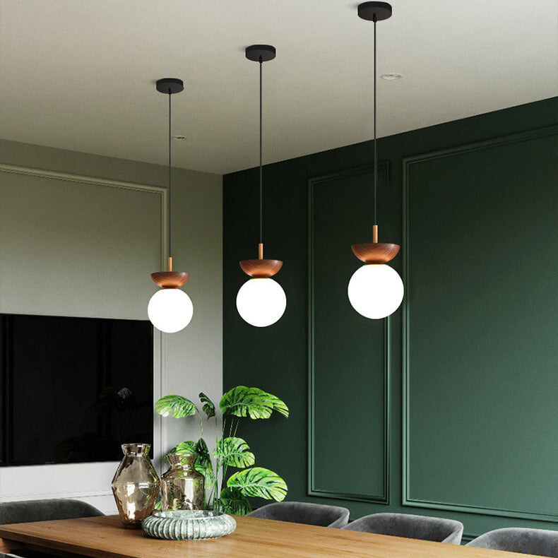 Nordic Japanese Glass Orb Wood Grain Iron 1-Light Ceiling Light