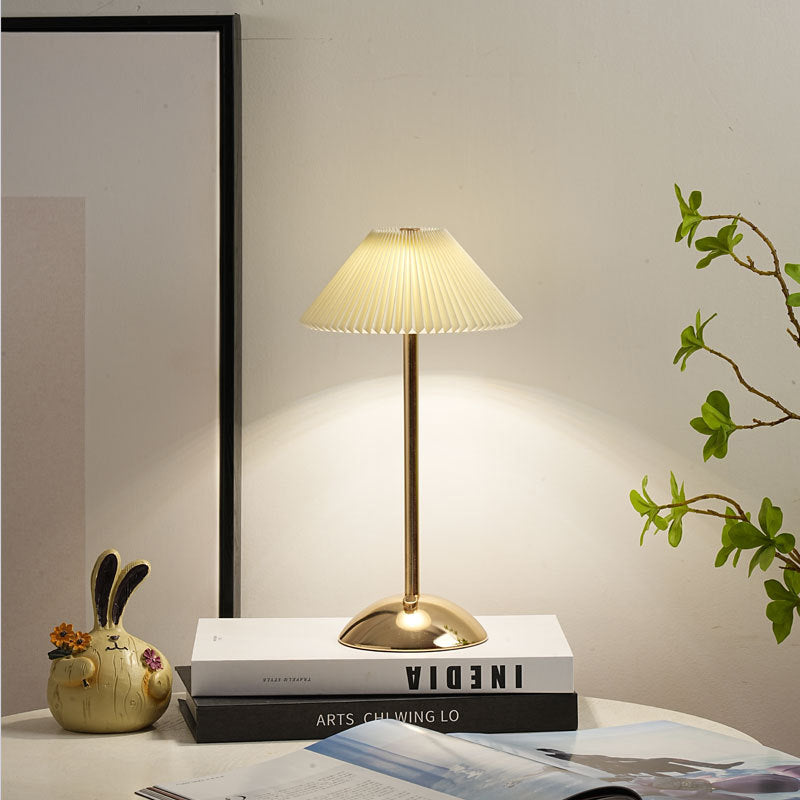 Contemporary Scandinavian Rechargeable Iron Fabric Conic Pleated 1-Light Table Lamp For Bedside