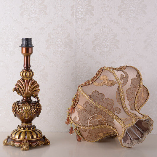European Vintage Peach Fabric Tassel 1-Light Palace Table Lamp