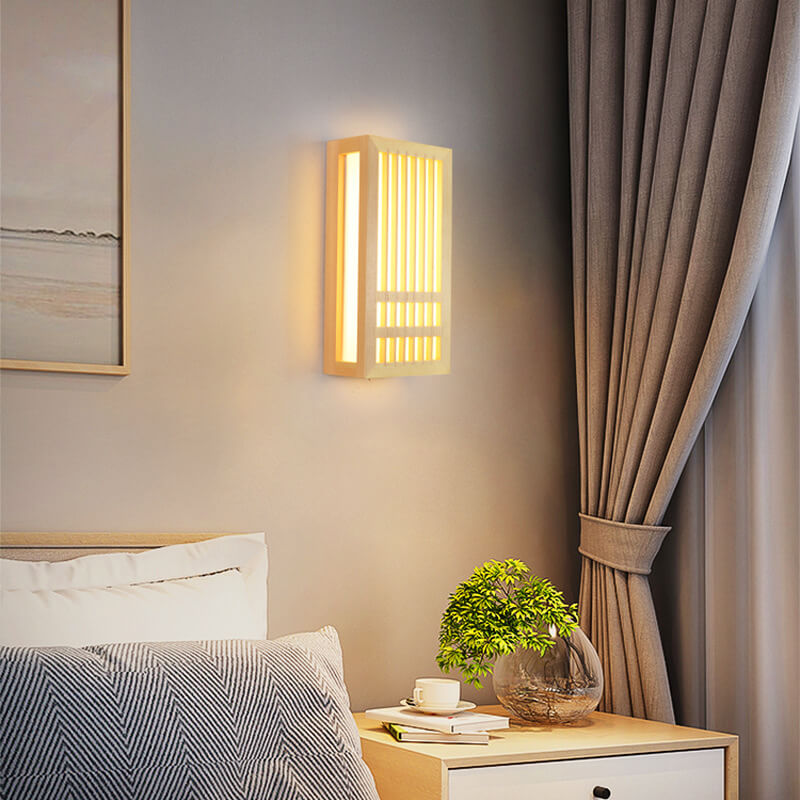 Simple Solid Wood Rectangular 1-Light Japanese Wall Sconce Lamp