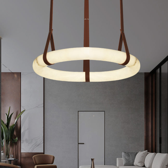 Contemporary Nordic Round Leather Copper Imitation Marble LED Chandelier For Living Room