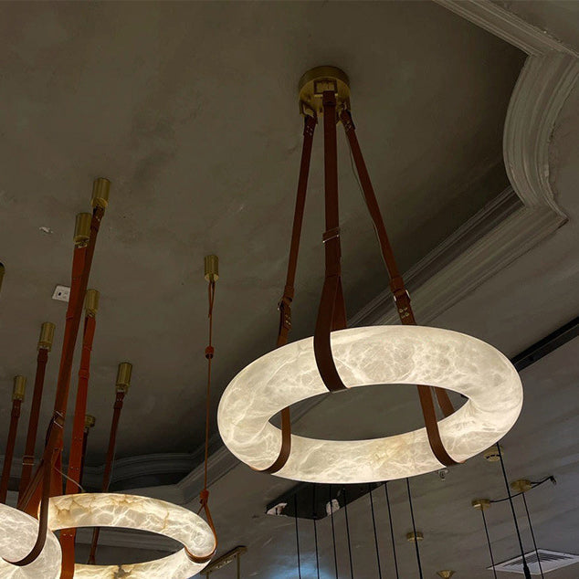 Contemporary Nordic Round Leather Copper Imitation Marble LED Chandelier For Living Room