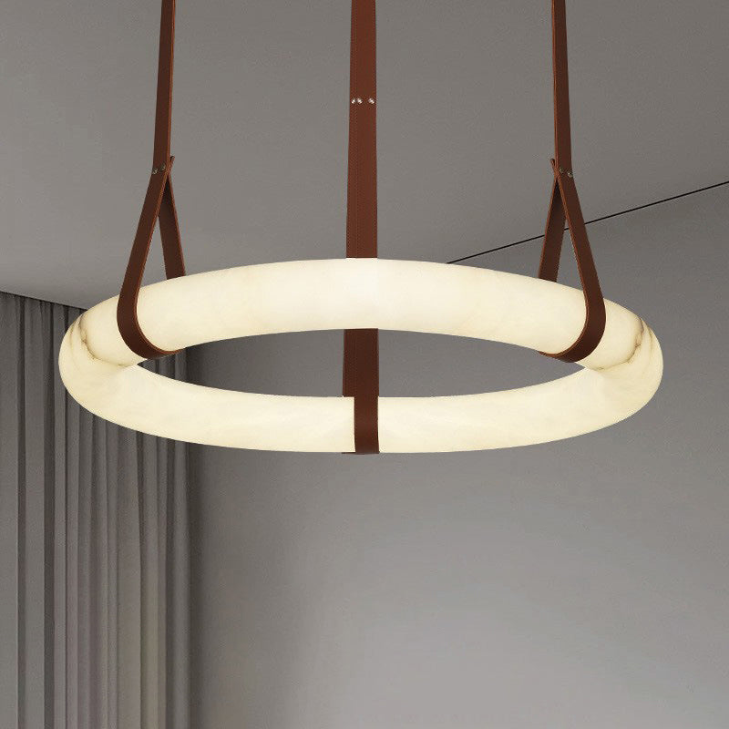 Contemporary Nordic Round Leather Copper Imitation Marble LED Chandelier For Living Room