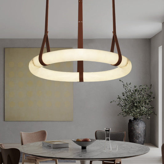 Contemporary Nordic Round Leather Copper Imitation Marble LED Chandelier For Living Room