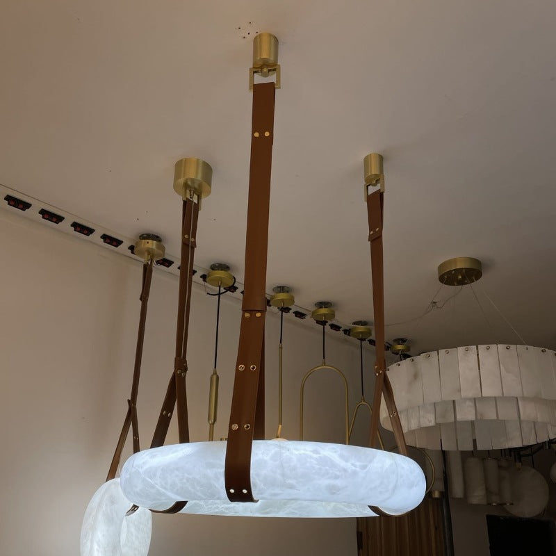Contemporary Nordic Round Leather Copper Imitation Marble LED Chandelier For Living Room