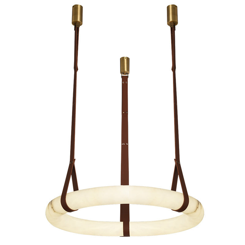 Contemporary Nordic Round Leather Copper Imitation Marble LED Chandelier For Living Room