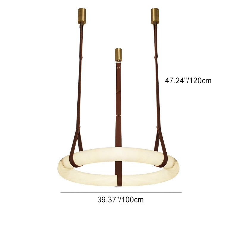 Contemporary Nordic Round Leather Copper Imitation Marble LED Chandelier For Living Room