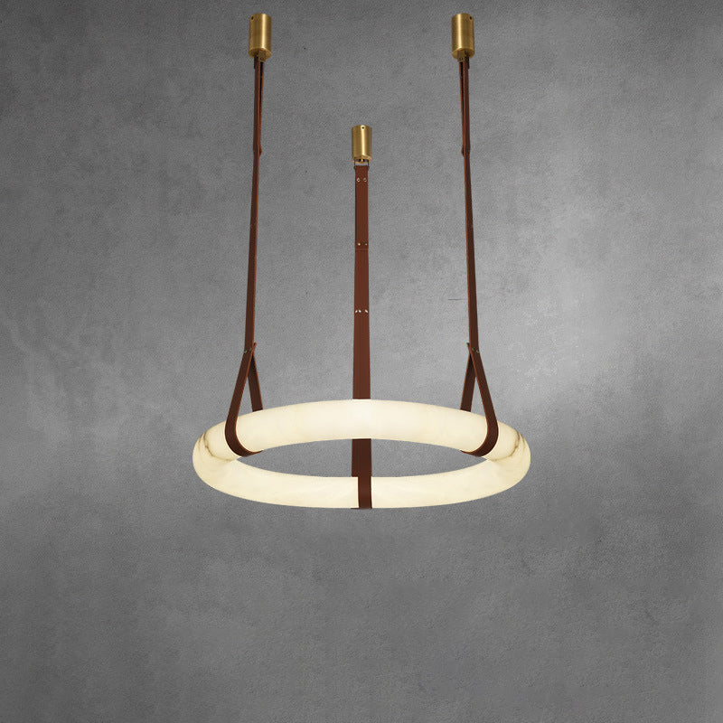 Contemporary Nordic Round Leather Copper Imitation Marble LED Chandelier For Living Room