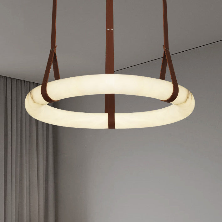 Contemporary Nordic Round Leather Copper Imitation Marble LED Chandelier For Living Room