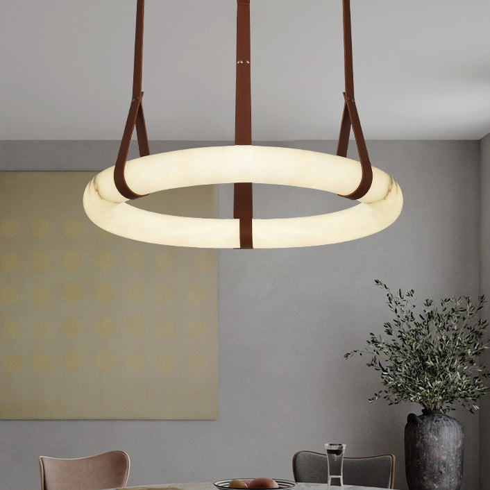 Contemporary Nordic Round Leather Copper Imitation Marble LED Chandelier For Living Room