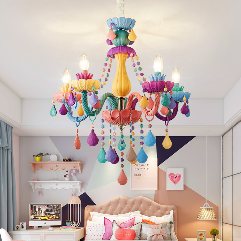Contemporary Creative Macron Candle Shape Resin Iron Glass 5 - Light Chandeliers For Living Room