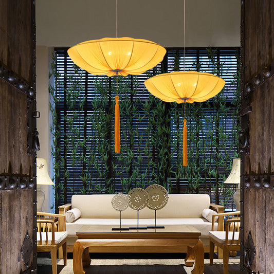 Traditional Chinese Lotus Petal Shape Fabric Iron 1/3-Light Chandeliers For Dining Room