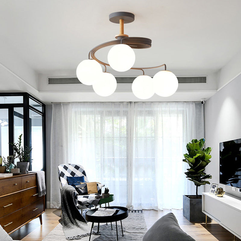 Contemporary Nordic Dome Orbs Curved Distortion Iron Solid Wood Glass 3/5 - Light Chandelier For Dining Room