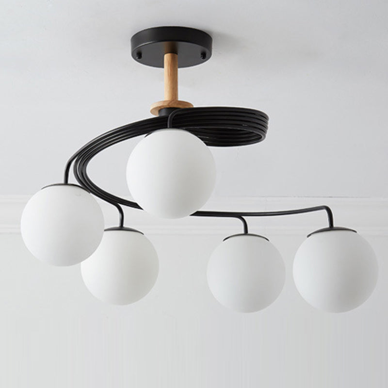 Contemporary Nordic Dome Orbs Curved Distortion Iron Solid Wood Glass 3/5 - Light Chandelier For Dining Room