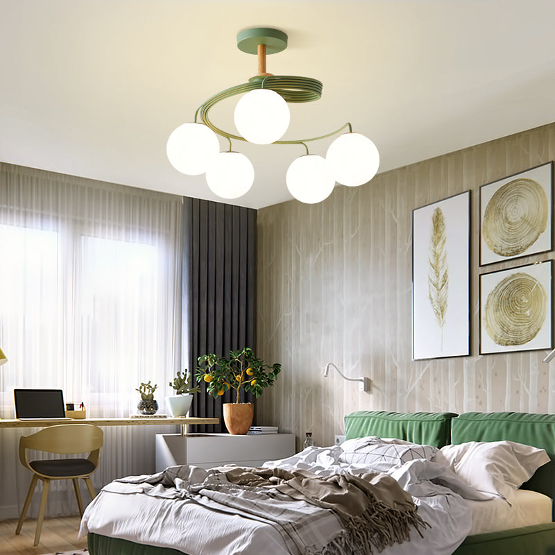 Contemporary Nordic Dome Orbs Curved Distortion Iron Solid Wood Glass 3/5 - Light Chandelier For Dining Room