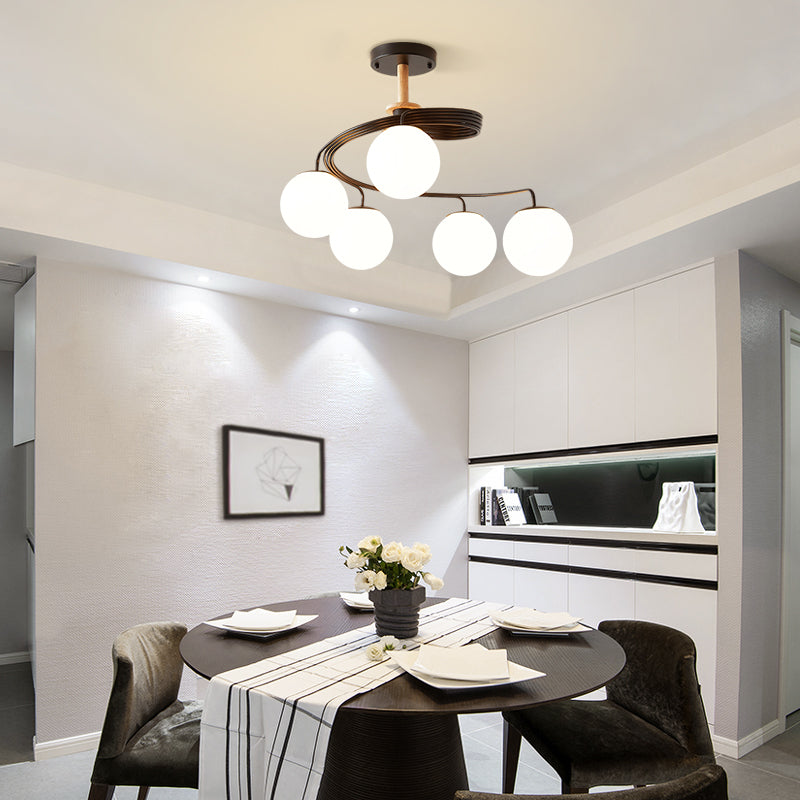 Contemporary Nordic Dome Orbs Curved Distortion Iron Solid Wood Glass 3/5 - Light Chandelier For Dining Room