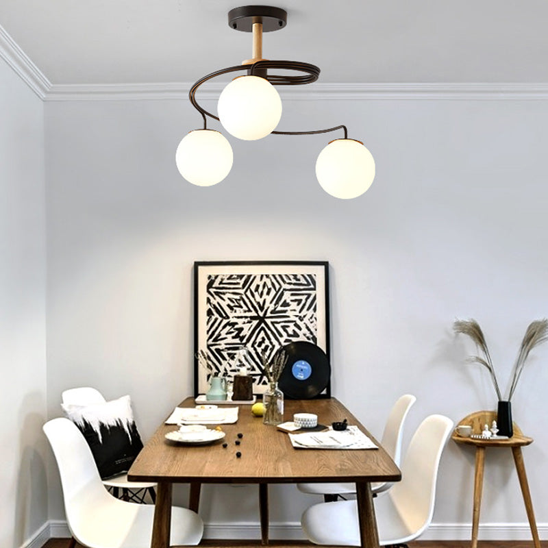 Contemporary Nordic Dome Orbs Curved Distortion Iron Solid Wood Glass 3/5 - Light Chandelier For Dining Room