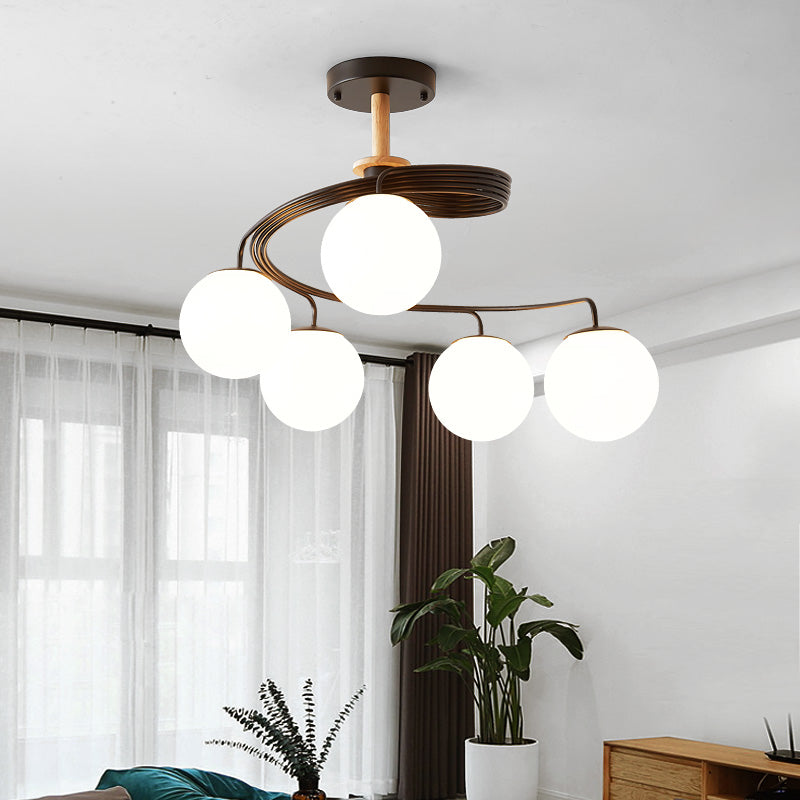 Contemporary Nordic Dome Orbs Curved Distortion Iron Solid Wood Glass 3/5 - Light Chandelier For Dining Room