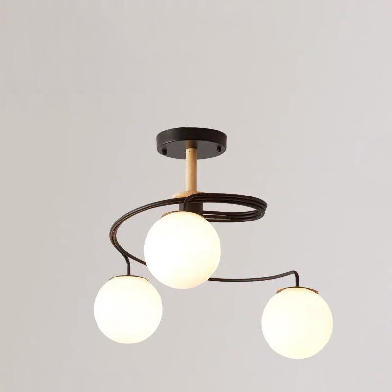 Contemporary Nordic Dome Orbs Curved Distortion Iron Solid Wood Glass 3/5 - Light Chandelier For Dining Room