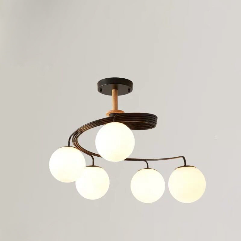 Contemporary Nordic Dome Orbs Curved Distortion Iron Solid Wood Glass 3/5 - Light Chandelier For Dining Room