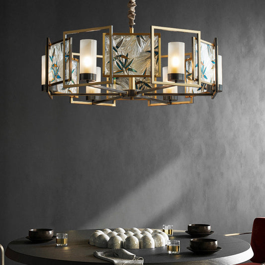 Traditional Chinese Dome Block Enamel Iron Copper Glass 6 - Light Chandelier For Dining Room