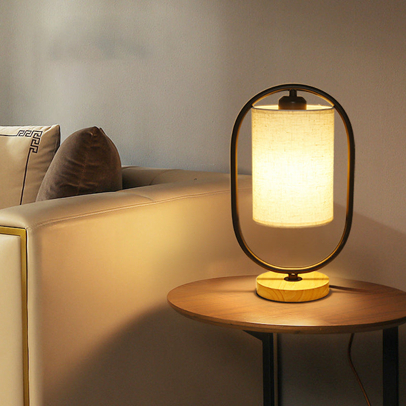 Contemporary Scandinavian Cylinder Solid Wood Fabric Metal 1-Light Table Lamp For Bedroom
