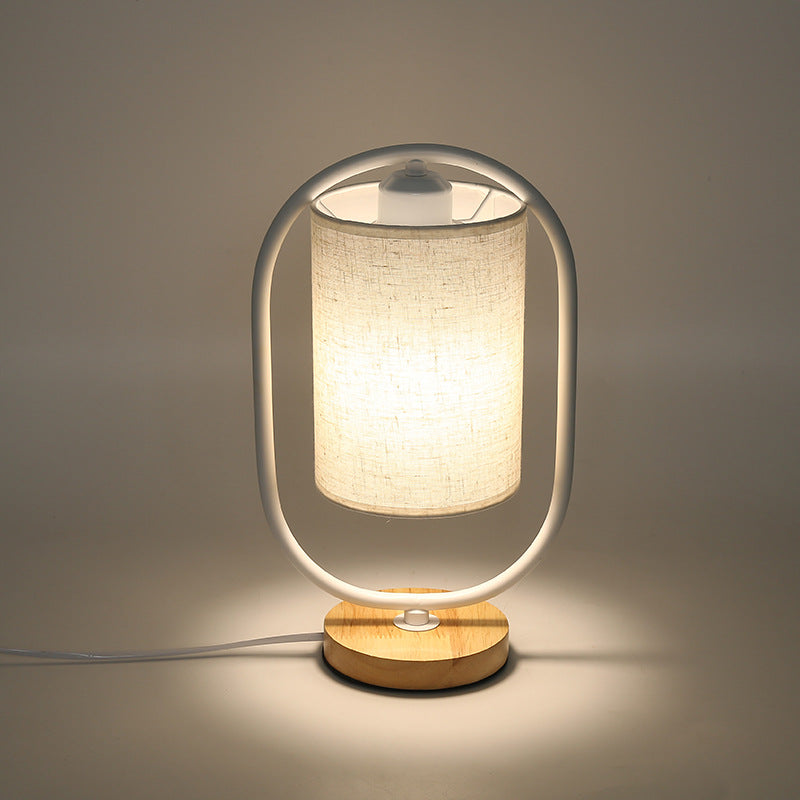 Contemporary Scandinavian Cylinder Solid Wood Fabric Metal 1-Light Table Lamp For Bedroom