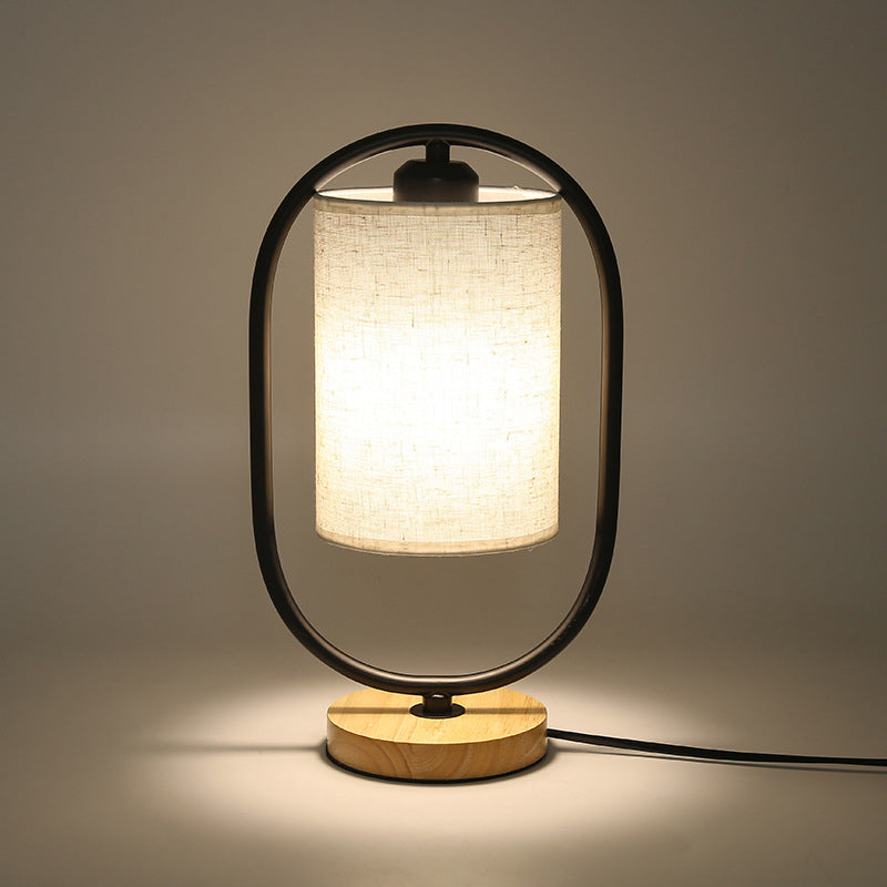 Contemporary Scandinavian Cylinder Solid Wood Fabric Metal 1-Light Table Lamp For Bedroom