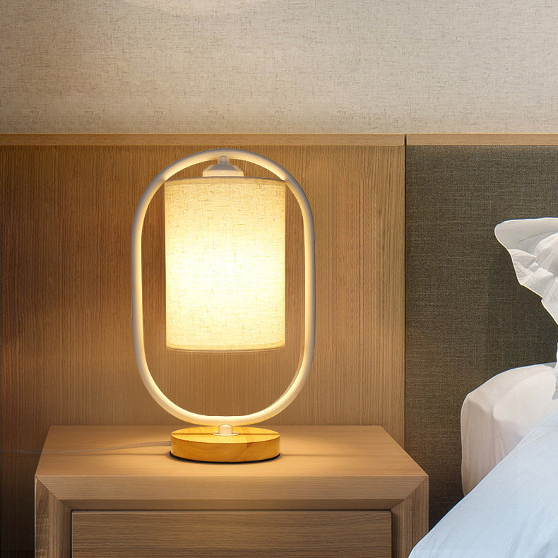 Contemporary Scandinavian Cylinder Solid Wood Fabric Metal 1-Light Table Lamp For Bedroom