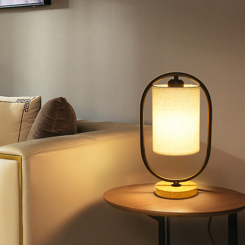 Contemporary Scandinavian Cylinder Solid Wood Fabric Metal 1-Light Table Lamp For Bedroom
