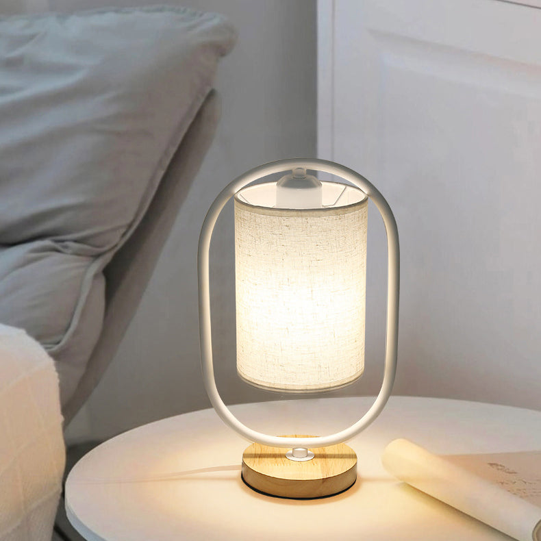Contemporary Scandinavian Cylinder Solid Wood Fabric Metal 1-Light Table Lamp For Bedroom