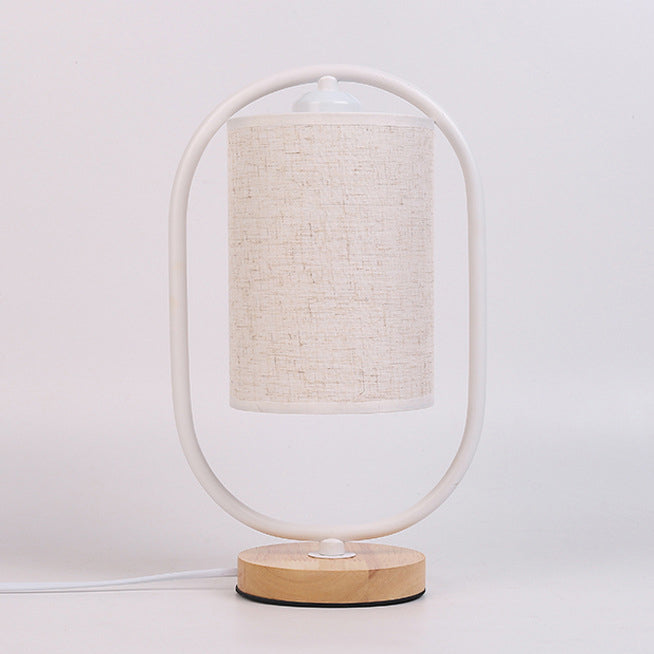 Contemporary Scandinavian Cylinder Solid Wood Fabric Metal 1-Light Table Lamp For Bedroom