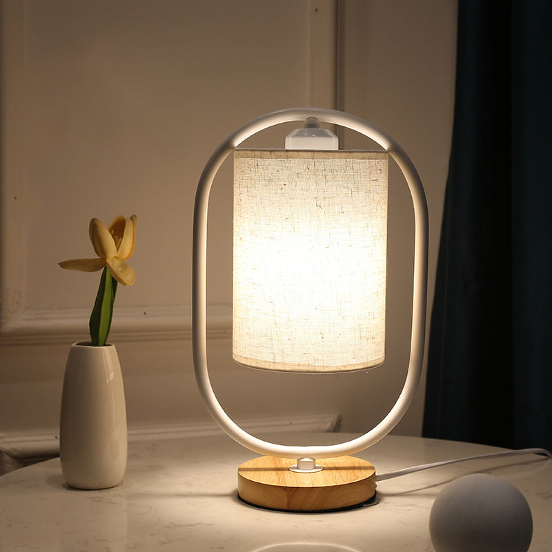 Contemporary Scandinavian Cylinder Solid Wood Fabric Metal 1-Light Table Lamp For Bedroom