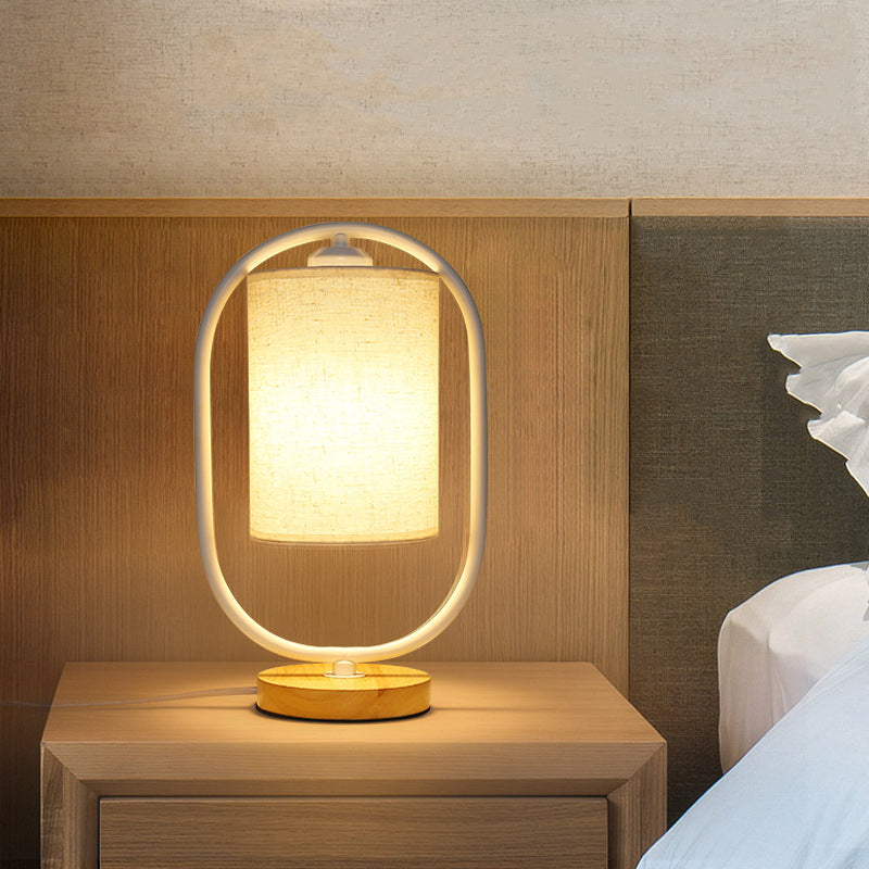 Contemporary Scandinavian Cylinder Solid Wood Fabric Metal 1-Light Table Lamp For Bedroom