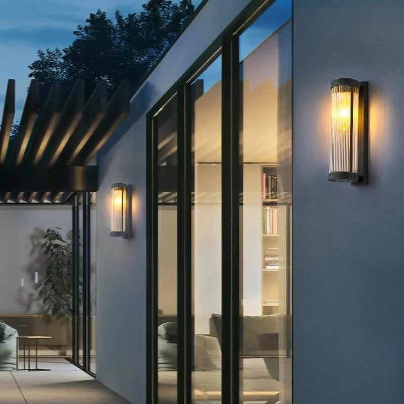 Modern Minimalist Stainless Steel & Glass Cylinder LED Solar Waterproof Wall Sconce Lamp For Outdoor Garden & Patio