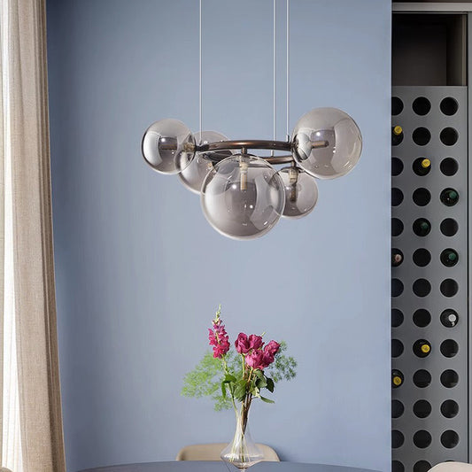Contemporary Scandinavian Glass Iron Round Orb 5/7/9-Light Chandelier For Bedroom & Living Room